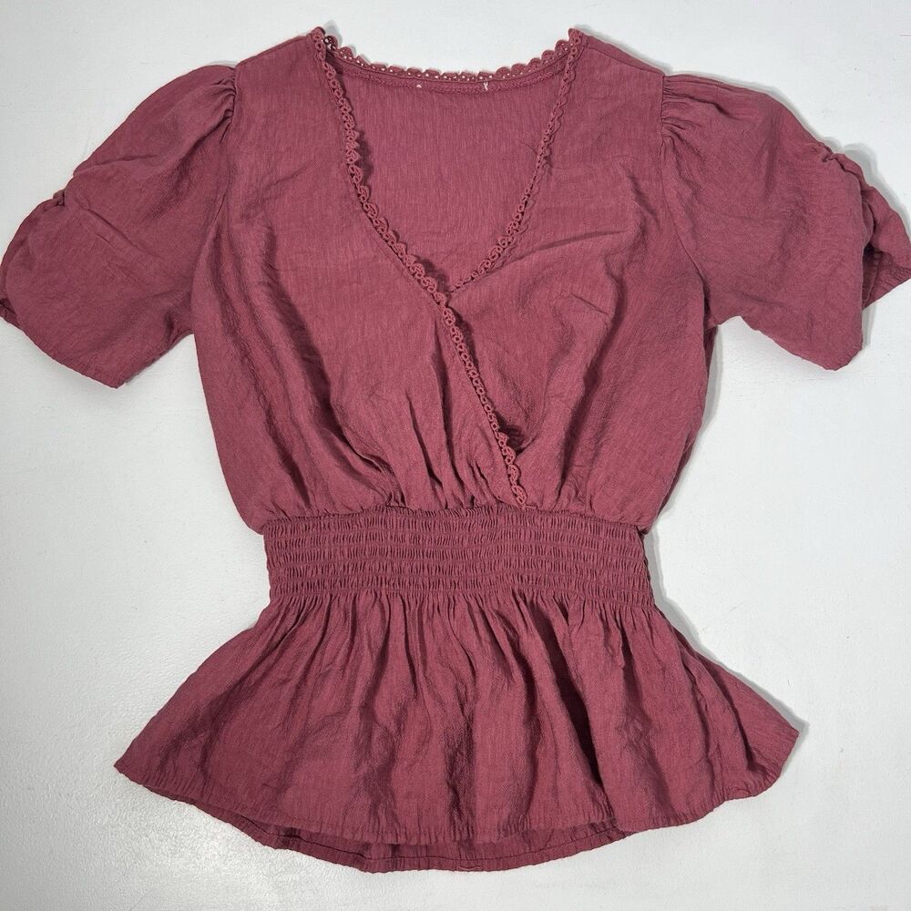 Mine Anthropologie Shirt Womens S/M Burgundy Babydoll Smocked Peasant Flare Y2K